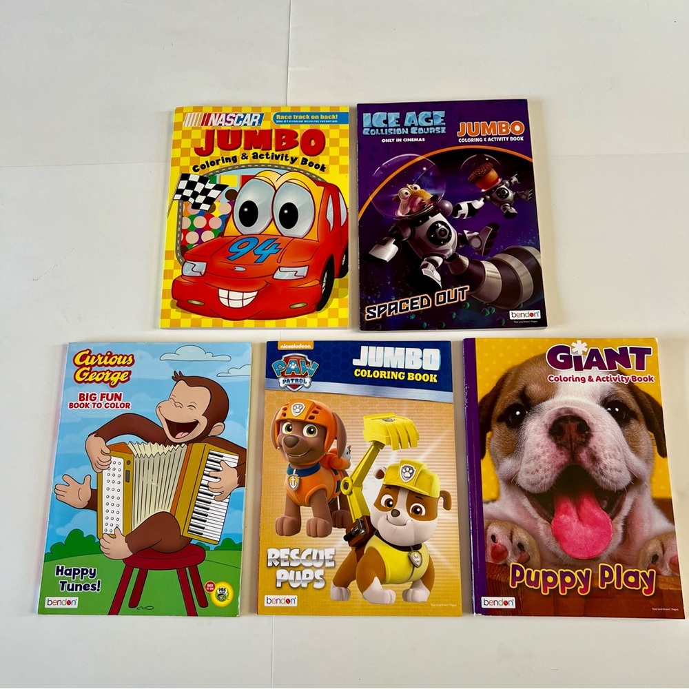 Huge Lot 5 Kids Art Coloring Books NASCAR Ice Age Curious George Paw Patrol